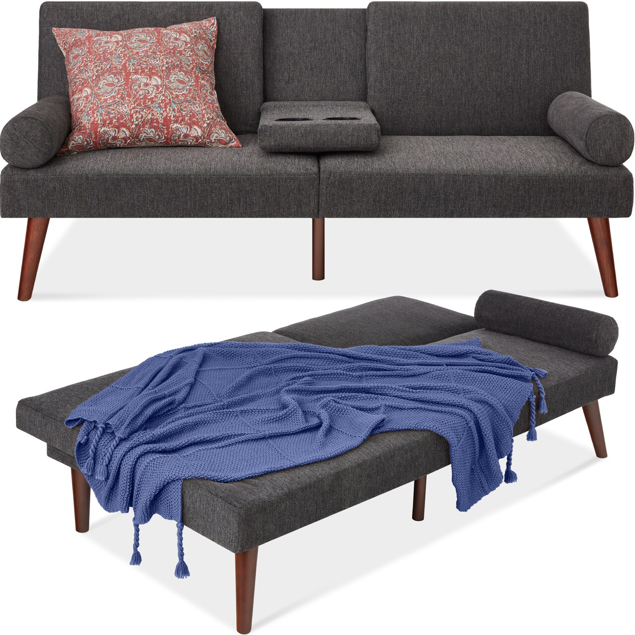 Best Choice Products Fabric Upholstered Convertible Futon w/ Rounded Armrests, Wooden Legs, 2 Cupholders